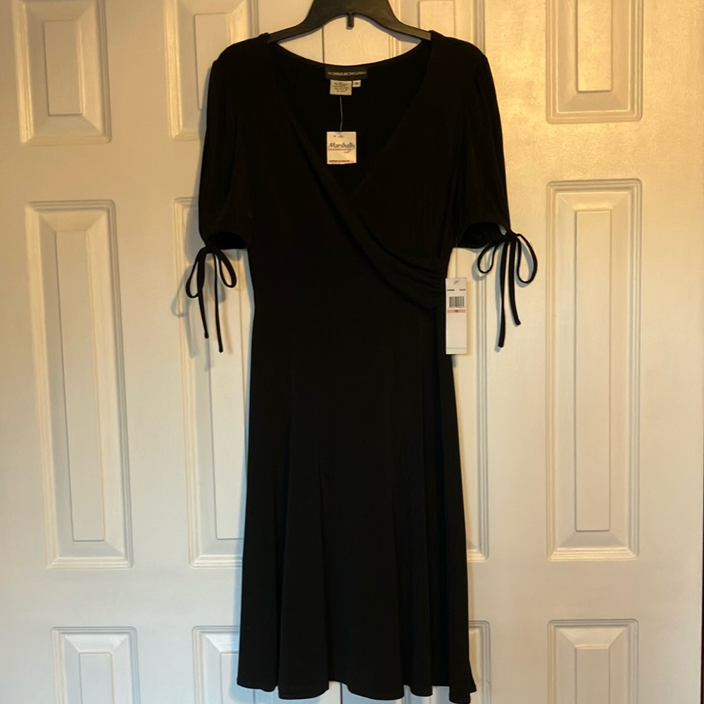 Donna Morgan Black Puff Sleeve V-Neck Faux Wrap Dress